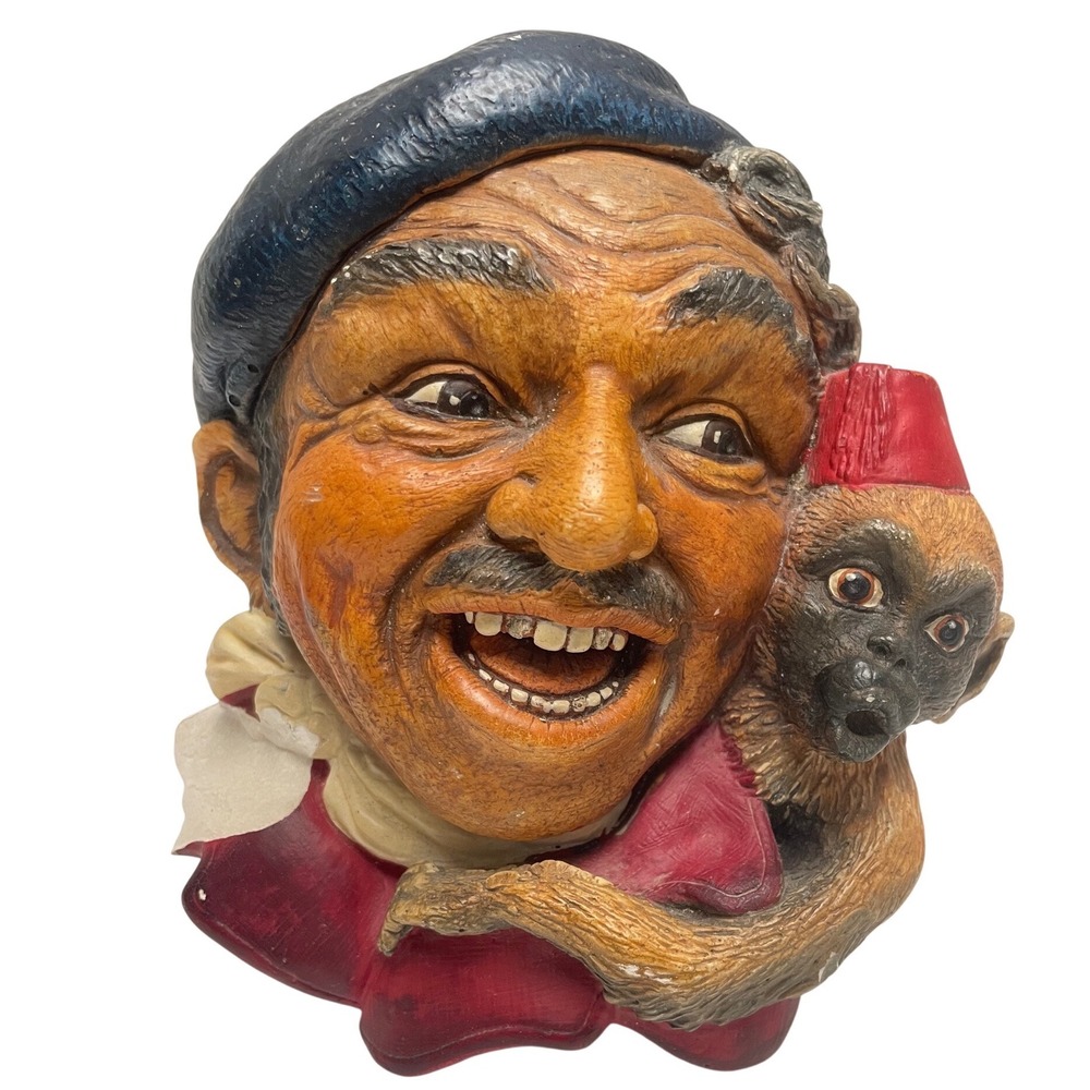 Vintage Chalkware Wall Plaque Man with Monkey in Fez Hat Mid Century Decor